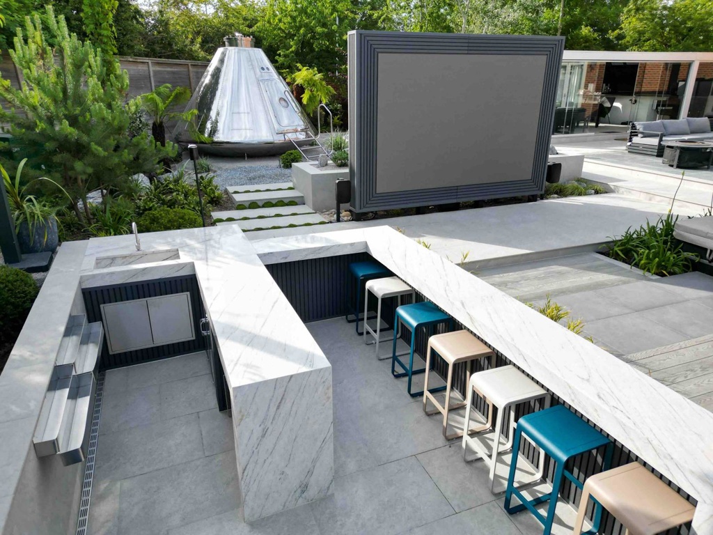 Outdoor bar area with bar tools, custom built sink