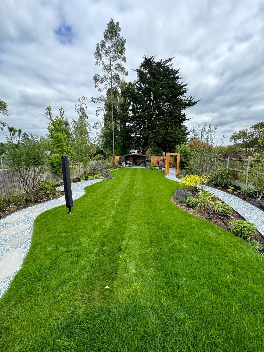 Grass bordered by winding pathways