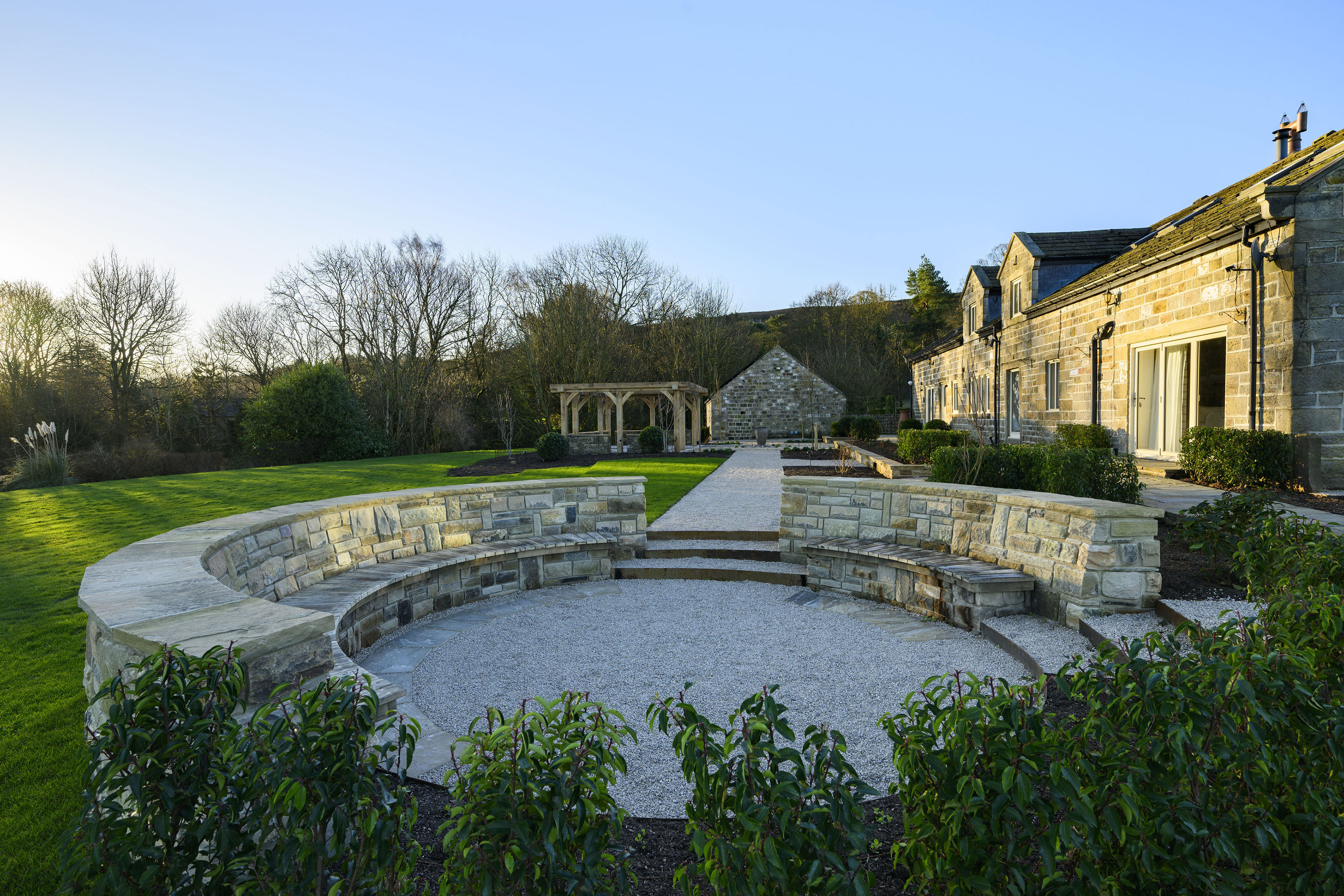 Garden designs for a Farmhouse on Ilkley Moor stone circle fire pit