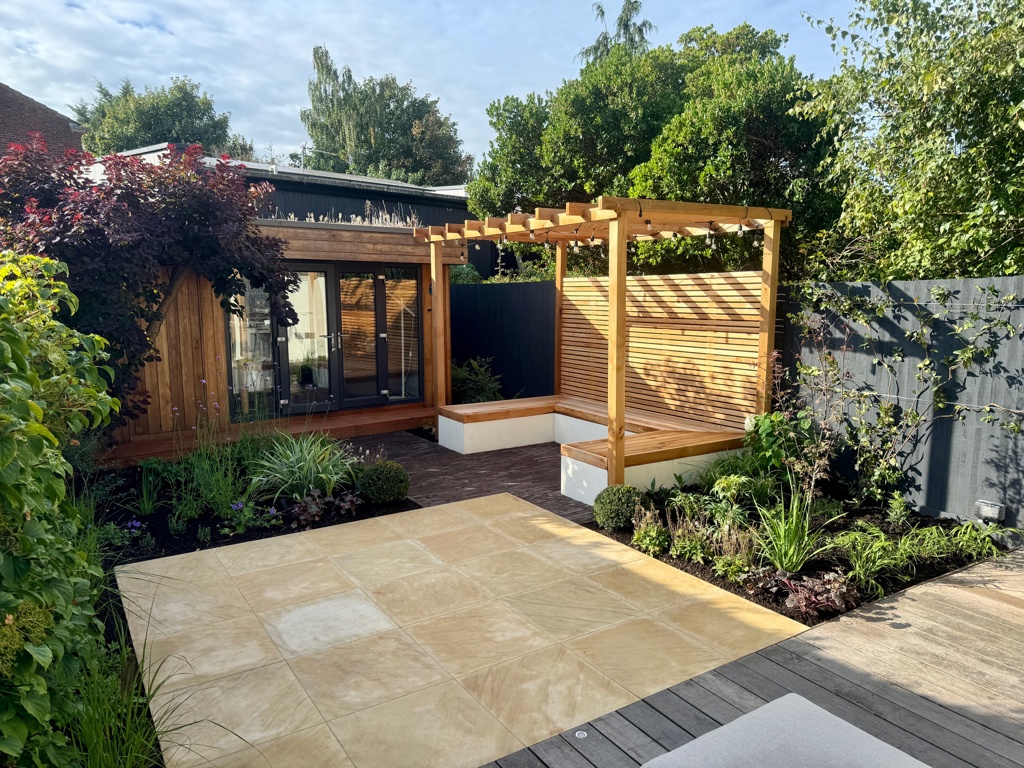 Cedar pergola with built-in seating